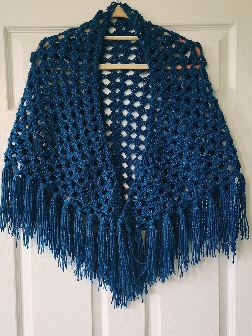 Handmade Teal Crochet Shawl with Fringe